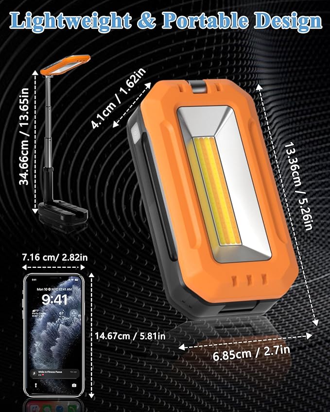 LED Work Light, Rechargeable Work Light with Magnet Base & Hanging Hook, 7000mAh Battery, Cordless Portable Work Lights, Small Bright for Car Repairing & Mechanics, Emergency, Outdoor