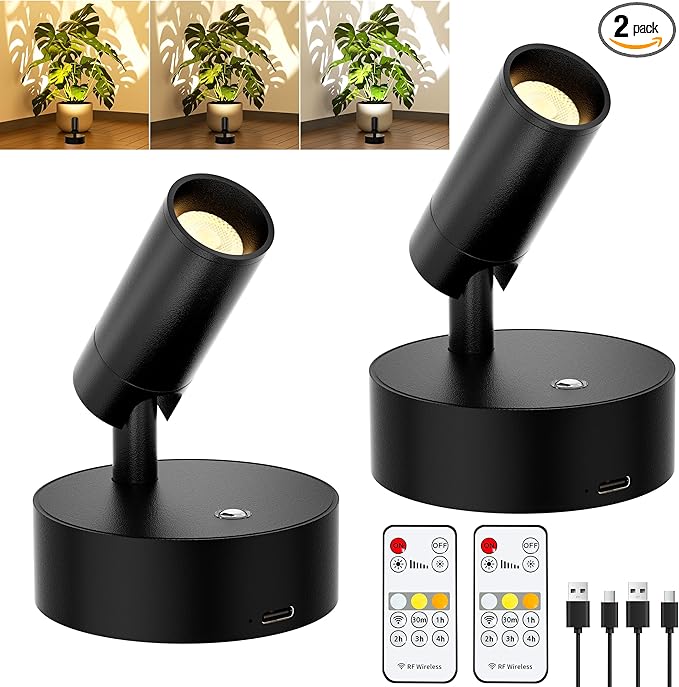GORDNWE LED Rechargeable Spotlight Indoor, Battery Operated Spot Lights with Remote Control & Timer, Small Dimmable Wireless Wall Lamp Accent Lighting for Pictures Plant Artwork Reading Black 2 Pack
