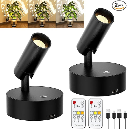 GORDNWE LED Rechargeable Spotlight Indoor, Battery Operated Spot Lights with Remote Control & Timer, Small Dimmable Wireless Wall Lamp Accent Lighting for Pictures Plant Artwork Reading Black 2 Pack