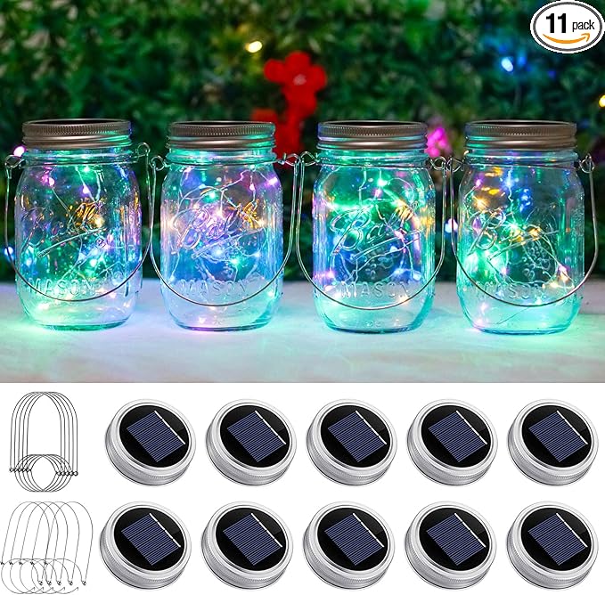 SmilingTown Solar Light for Mason Jars 20 LED Outdoor Fairy String Light Lids with Hangers for Jar Lantern Waterproof Rust Resist for Patio Lawn Garden Decor No Jars 10 Pack (Multicolored)