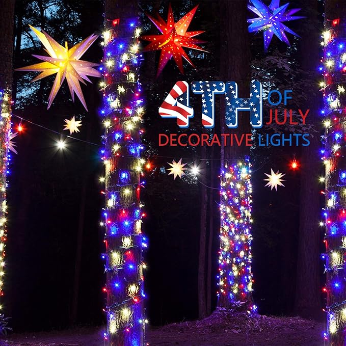 Minetom Red White Blue Christmas Lights Green Wire - 100 Count 4th July Decoration Patriotic Mini String Lights Waterproof for Indoor Outdoor Xmas Holiday Party Patio Independence Day Decoration