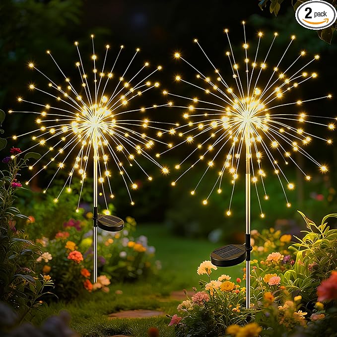 btfarm 2 Pack 120 LED Solar Garden Lights Outdoor, 8 Modes Firework Lights Solar Powered, Waterproof Twinkle Fairy Light Outside for Yard Patio Pathway Pool Christmas Party Decorative, Warm White