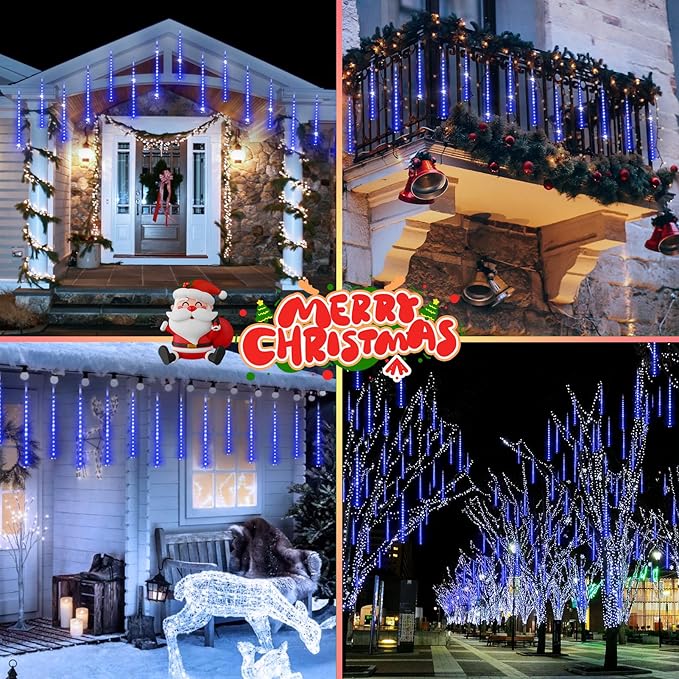 KNONEW Christmas Lights Outdoor, 15 inch 24 Tubes 672 LED Meteor Shower Lights Plug in Waterproof Falling Rain Light for Xmas Tree Wedding Party Garden Holiday Rooftop Decorations (Blue)