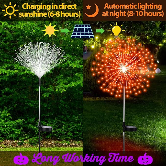 6 Pcs Easter Solar Firework Stake Lights 180 LED 8 Modes Solar Waterproof LED Sparkler Lights Outdoor Decoration for Christmas Holiday Garden Patio Yard Pathway Walkway, Orange, Purple