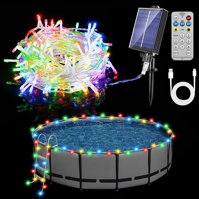 Solar Pool Lights for Framed Above Ground Pools, 66ft String Lights 180Bulbs, IP65 Waterproof Swimming Pool Accessories, Solar Powered with Charging Port, Remote 8 Modes, Outdoor Trampoline Camping