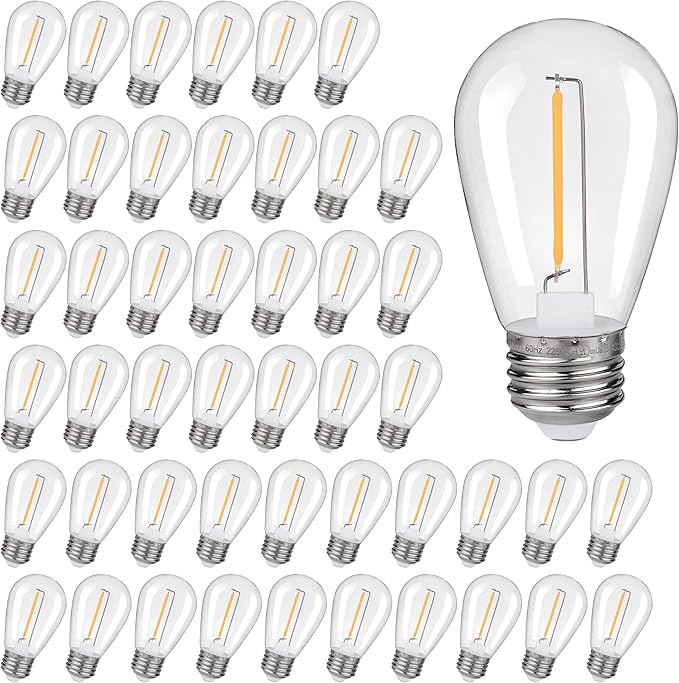 KGC 48Pack Shatterproof & Waterproof S14 Replacement LED Light Bulbs –1W Equivalent to 10W, White Warm 2200K Outdoor String Lights Bulb, E26 Base Edison LED Bulbs.