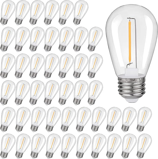 KGC 48Pack Shatterproof & Waterproof S14 Replacement LED Light Bulbs –1W Equivalent to 10W, White Warm 2200K Outdoor String Lights Bulb, E26 Base Edison LED Bulbs.