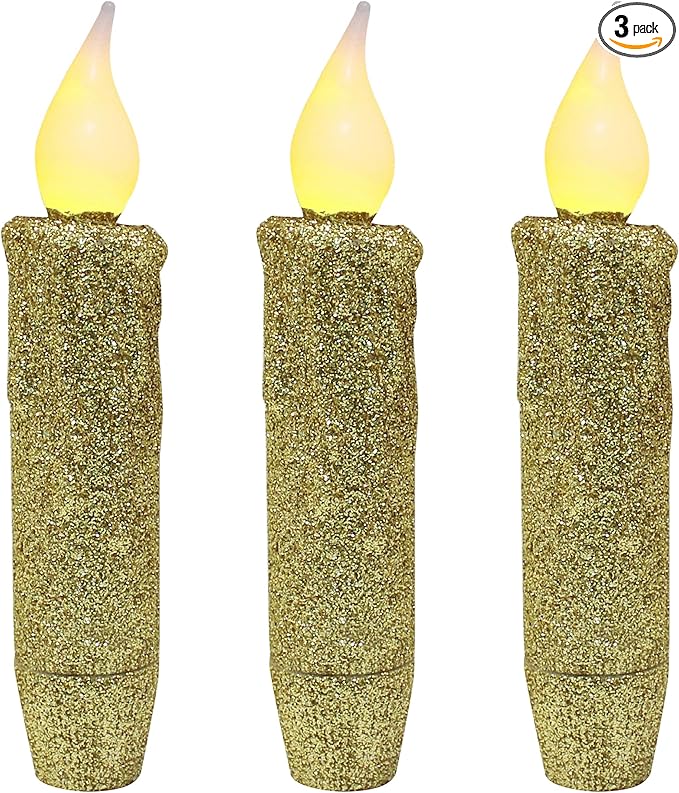 CVHOMEDECO. Glitter Flameless Candles Flickering Battery Operated LED Taper Candles with Timer for Home, Wedding, Halloween, Christmas Decor. Gold, 4-3/4 Inch, Set of 3