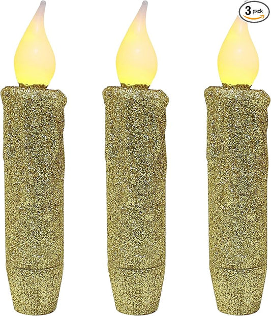 CVHOMEDECO. Glitter Flameless Candles Flickering Battery Operated LED Taper Candles with Timer for Home, Wedding, Halloween, Christmas Decor. Gold, 4-3/4 Inch, Set of 3