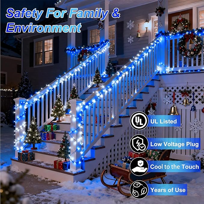 1500 LED 470FT Christmas String Lights Outdoor, 12 Pro Modes and Timer Memory & Brightness, Plug in Waterproof Dark Green Wire Twinkle Light for for Xmas Yard Tree Wedding Party Decor (Blue & White)
