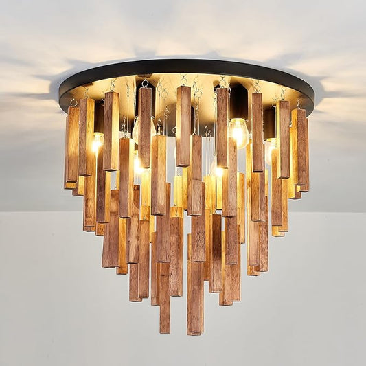 7-Light Flush Mount Wooden Ceiling Light - Rustic Oak and Black Ceiling Lamp with E26 for Farmhouse Kitchen, Dining Room, Living Room, Bedroom, Foyer, Hallway