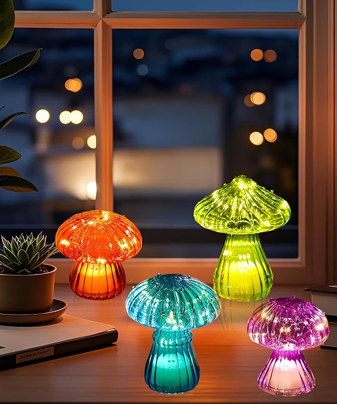 Nacome Glass Mushroom Table Lamp: Set of 4 Colored Small Cute LED Night Light Home Decor for Bedroom Desk - Birthday Gifts for Women