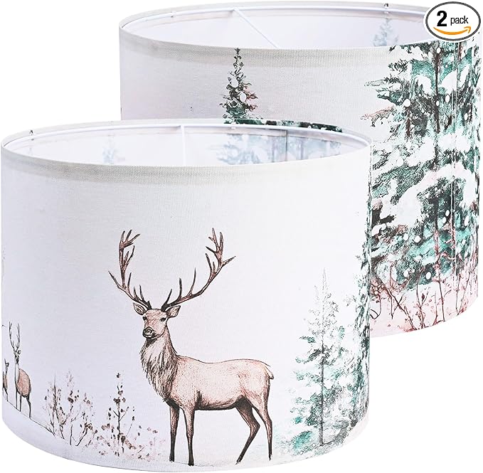 13Inch Lamp Shade, Green Forest Lamp Shades, HD Printing Deer Lampshade for Christmas, Lamp Shade Set of 2 fit with Spider/Uno, Lamp Shades for Floor Lamps, Table Lamps(2PCS, Easy Assembly)