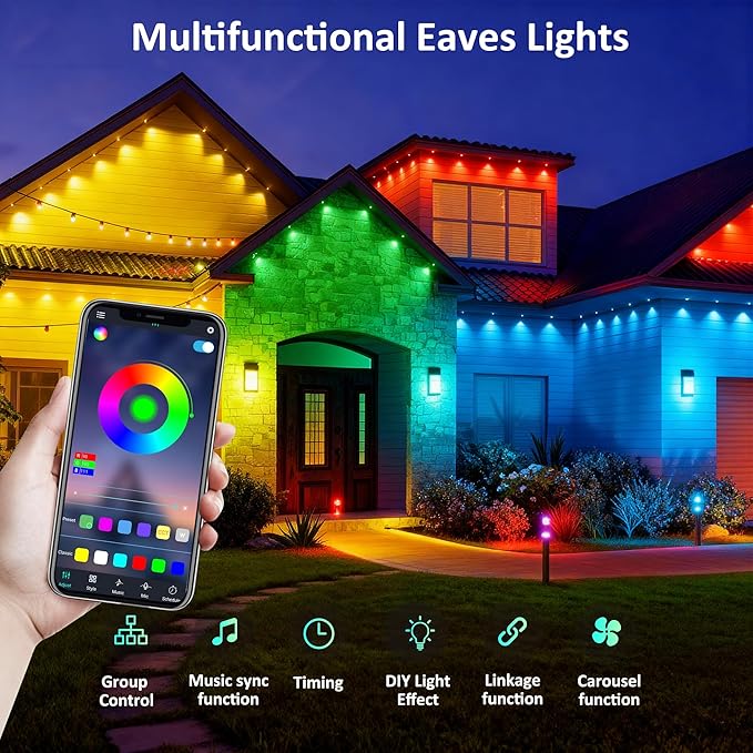RGB Permanent Outdoor Lights, Smart LED Eaves Lights with APP & Remote Control, IP67 Waterproof Outdoor String Lights for Christmas, Halloween,Party, Garden, Patio, House Decor