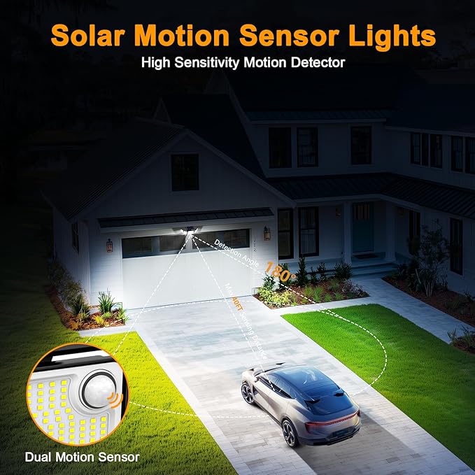 6000LM Solar Lights Outdoor, 5 Heads Solar Security Lights with Remote Control, IP65 Waterproof Motion Sensor Lights 3 Modes Flood Lights for Wall, Porch, Yard, Outside, 3 Pack