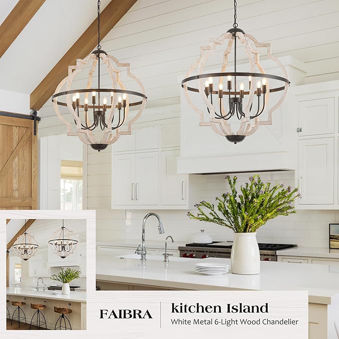 8-Light Wood Pendant Light,31.96'' Vintage Rustic White Wood Chandeliers,Retro Industrial Hanging Light Fixtures for Dining Room Entryway, Bedroom