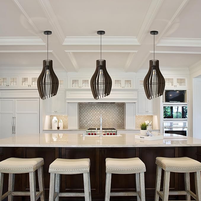 Vintage Wood Pendant Light Fixtures, Modern Farmhouse Walnut Dining Room Chandelier, Mid-Century Ceiling Mount Hanging Light Fixture for Kitchen, Bedroom, Living Room, Foyer, Art Decor, Black