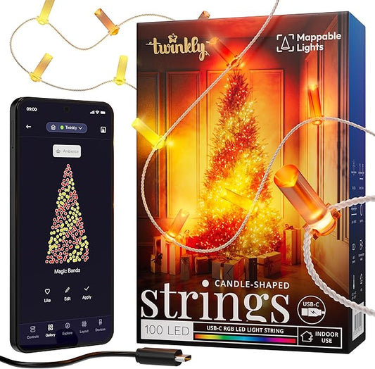 Twinkly Strings USB-C Candle 100 LED, Candle-Shaped LED Light String, RGB Multicolor LED Lights, Valentine's Day Lights, Compatible with Alexa, Google Home, USB-C Power, Transparent Wire, 19.7ft