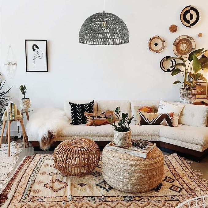 JONATHAN Y 20" Gray Modern Bohemian Woven Rope LED Pendant Light Fixture, Adjustable Dome Ceiling Lamp for Kitchen Island, Rope Shade, Coastal Farmhouse Decor (JYL6504D)