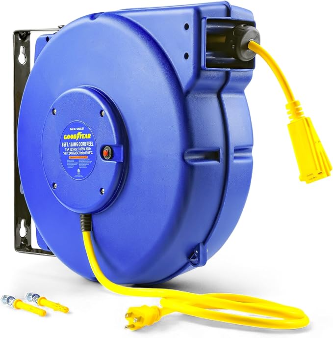 Goodyear Retractable Extension Cord Reel – Heavy-Duty Commercial Cable with Triple Tap Connector, Auto-Rewind & Wall/Ceiling Mountable (Enclosed, 12AWG x 65 ft)
