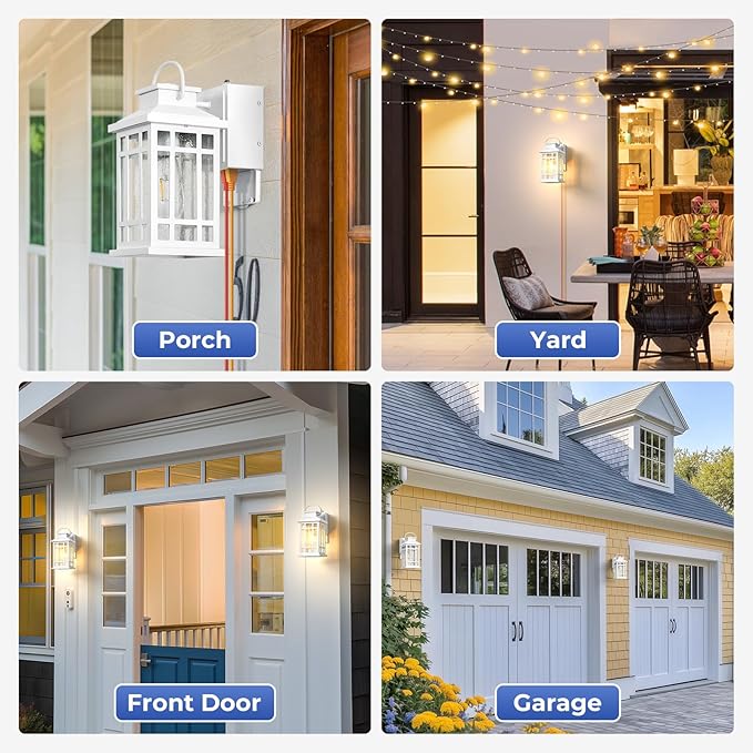 Outdoor Wall Light with GFCI Outlet, White 2-Pack Outside Lanterns for Porch Wall Mount, Dusk to Dawn Outdoor Lighting for House, Garage, Entryway, Doorway, Aluminum Waterproof and Anti-Rust