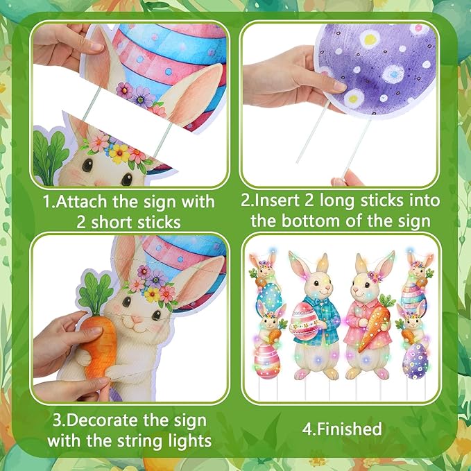 Bencailor 4 Pcs Easter Outdoor Decorations Bunny Yard Stake Signs with LED Light Large Rabbit Party Supplies Lawn Decorations for Spring Easter Outdoor Lawn Garden Patio Walkway Wedding Stand Decor