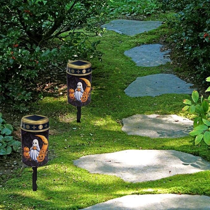 Halloween Prayer Cemetery Solar Lights for Grave Cemetery Cute Ghost Moon Candle Lamp Solar Powered Landscape Lights Halloween Decorations
