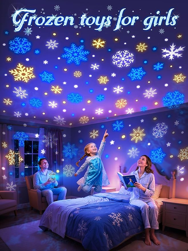 PIKOY Night Light Snow for Kids, 15 White Noise+16 Films+336 Colors Star Projector for Kids, 360°+Remote+Cordless Baby Night Light Projector, Princess Toys for Girls Room Decor Light