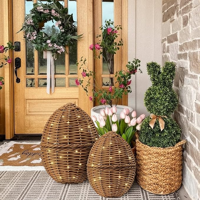 Soulchen 2 Pcs Large Rattan Easter Egg Decorations, 9.8" & 8.7" Spring Farmhouse Wicker Easter Eggs with LED Lights Decor for Table Centerpiece Mantle Outdoor Porch Garden Patio,