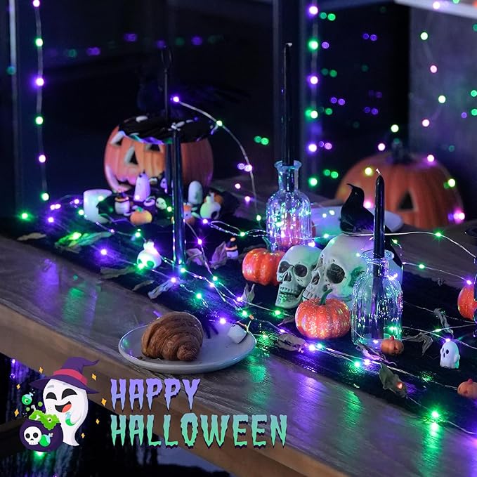 JMEXSUSS Copper String Lights, Purple and Green, 2 Packs, Total 66ft 200 LEDs