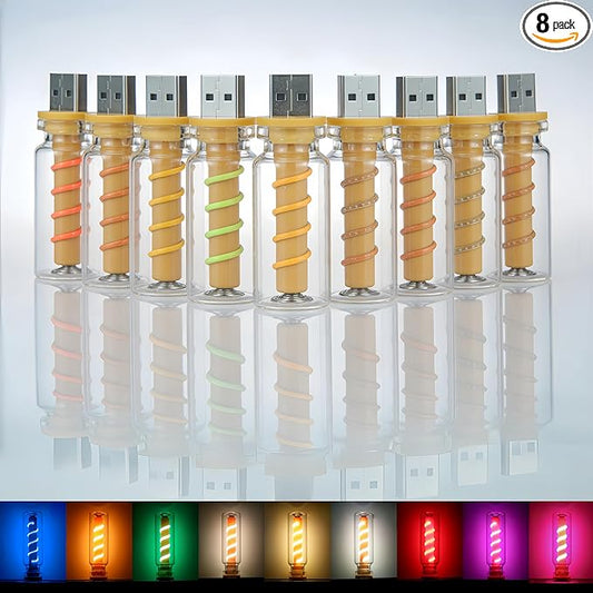 8-Pack Mini USB LED Night Lights – Touch Control, Glass Bottle Design with Spiral Filament, Assorted Colors for Car Interior, Bedroom, Party & Camping.