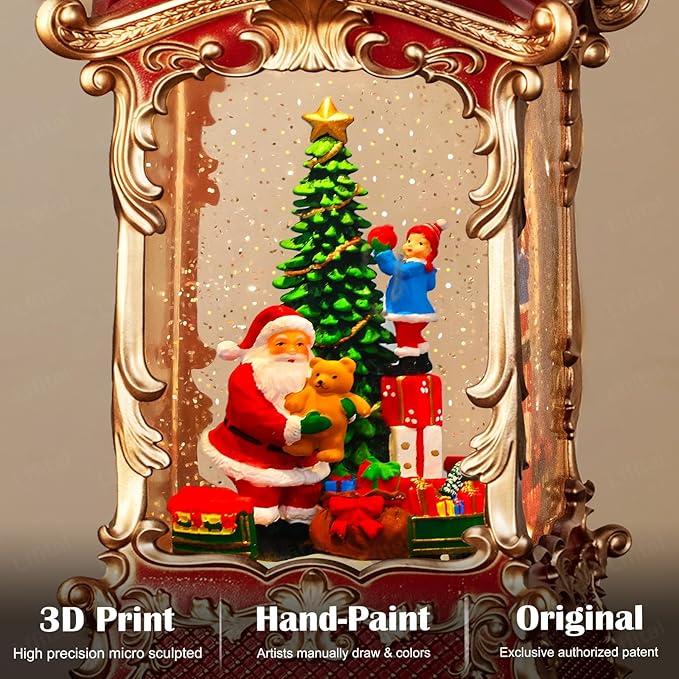 Christmas Snow Globes Santa Claus Snow Globe Lantern, Lighted Christmas Decorations Indoor for Home with Music Timer Glitter, Rotating Train Festival Gifts, USB & Battery Operated 12.5 inch