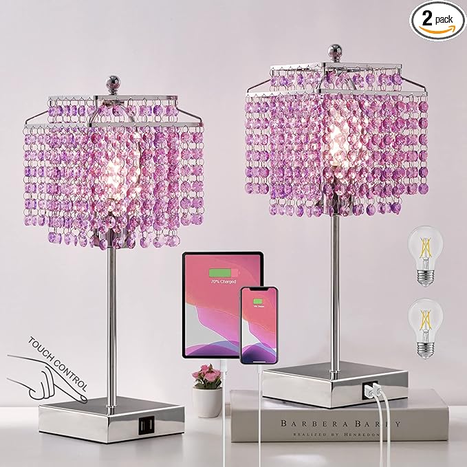 Luvkczc Purple Bedside Crystal Table Lamp Set of 2, Touch Control Lamps,Dimmable Lamp with Crystal Shade for Bedroom, Girl Living Room, 6W B11 Bulb Included