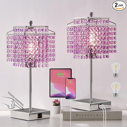 Luvkczc Purple Bedside Crystal Table Lamp Set of 2, Touch Control Lamps,Dimmable Lamp with Crystal Shade for Bedroom, Girl Living Room, 6W B11 Bulb Included