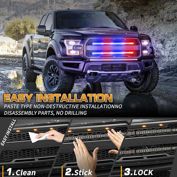 XRIDONSEN 2PCS 24 inch Truck Grill Police Lights Strip 288 LED Red Blue Emergency Strobe Lights Flashing Warning Hazard Caution Safety Grille Lights w/Waterproof Tube for Vehicles Trucks Pickup SUV