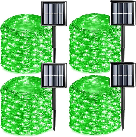 QITONG 4 Pack Green Solar Christmas Lights, Each 33ft 100 LED Christmas Fairy Lights Outdoor Waterproof, 8 Modes Silver Wire String Lights