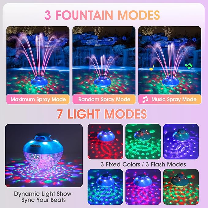 Blufree Bluetooth Pool Speaker w/Colorful Pool Fountain Light, 3 in 1 Floating Pool Speaker Loud Sound, IP68 Waterproof Floating Hot Tub Speakers, Bluetooth 5.4, 24H Playtime Pool Wireless Speakers
