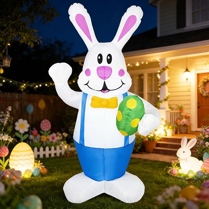 Dearsun 6.2FT Easter Inflatables Outdoor Decoration, Inflatable Bunny Blow up Outdoor Yard Decorations Giant Bunny Holding Easter Egg with LED Lights for Holiday Party Indoor Outdoor Décor