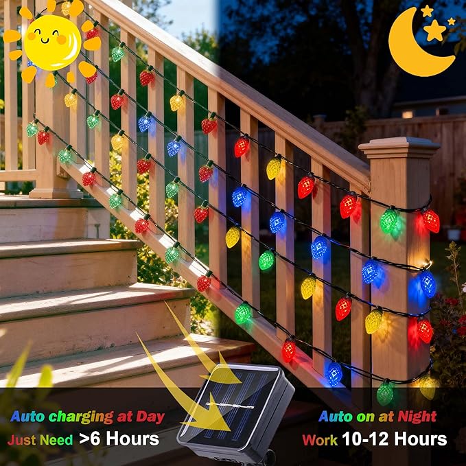 Easter Decorative Lights Outdoor Waterproof C7 50 LED Ultra Bright Strawberry Fairy String Lights 8 Modes Solar Light for Outside Garden Patio Wedding Party Christmas Decoration(Multicolor)