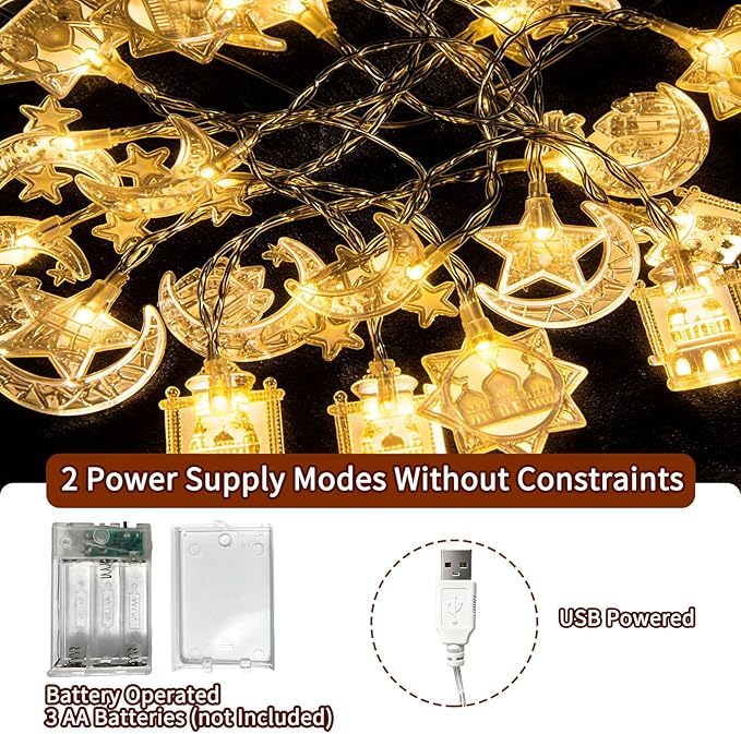 Moon Star String Lights 10FT 20 LED Star Fairy Lights Ramadan Lights with Battery & USB Powered 2 Lighting Modes Waterproof Eid Mubarak lights for Ramadan Decorations Christmas New Year Wedding Party
