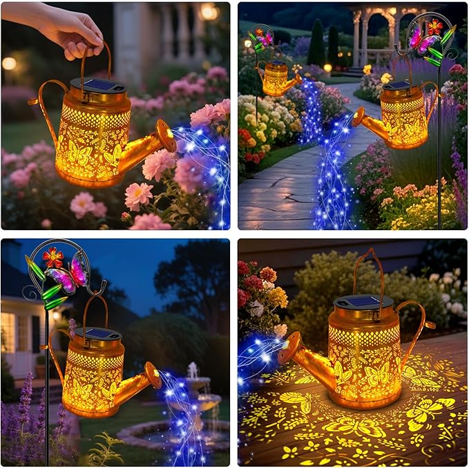 ANGMLN Butterfly Solar Lights Outdoor Waterproof, Solar Watering Can Lights with Shepherd Hook, Metal Hanging Lantern Garden Decor Yard Outside Patio Lawn, Gifts for Mom Grandma Women Birthday