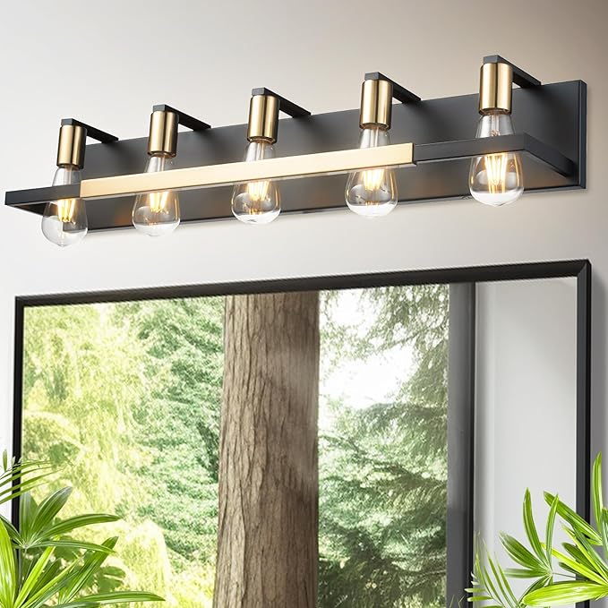 Hamilyeah 5 Light Bathroom Vanity Light Fixture Black and Gold, 32 inch Vintage Bathroom Lighting Fixture Over Mirror, Industrial Wall Mounted Lighting for Living Room, Dining Room