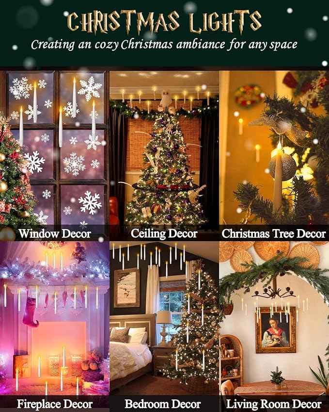 Floating Candles with Wand 20PCs -Christmas Magic Hanging Flameless Candles Taper Candles with Remote for Halloween Window Home Bedroom Birthday Party Decorations