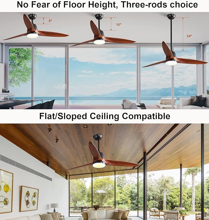 56" Ceiling Fans with Lights Remote Control, Dimmable LED and Reversible DC Motor,Outdoor Farmhouse Indoor,Black Body Walnut Wood Blade
