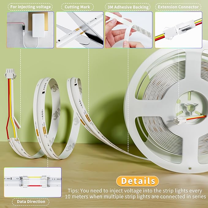 PAUTIX Dotless LED Lights,RGB Smart IC COB LED Strip Lights Addressable 16.4ft,UL-Listed 24V Chasing Effects Color Changing Flexible Tape Light for Party Kitchen Bedroom(Without Controller&Adapter)