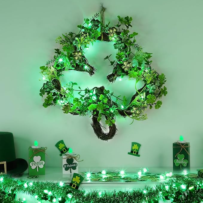 St Patricks Day Decorations St Patricks Day Wreaths for Front Door, Shamrock Wreath with 20 Green Lights Timer Clover Flower 18 Inch Artificial Spring Wreath St Patricks Day Decor for Home Wall Window