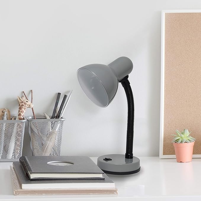 Simple Designs LD1003-GRY-12PK Basic Metal Desk Lamp 12 Pack Set with Flexible Hose Neck for Office, Bedroom, College Dorm, Bookshelf, Gray, 12 Pack