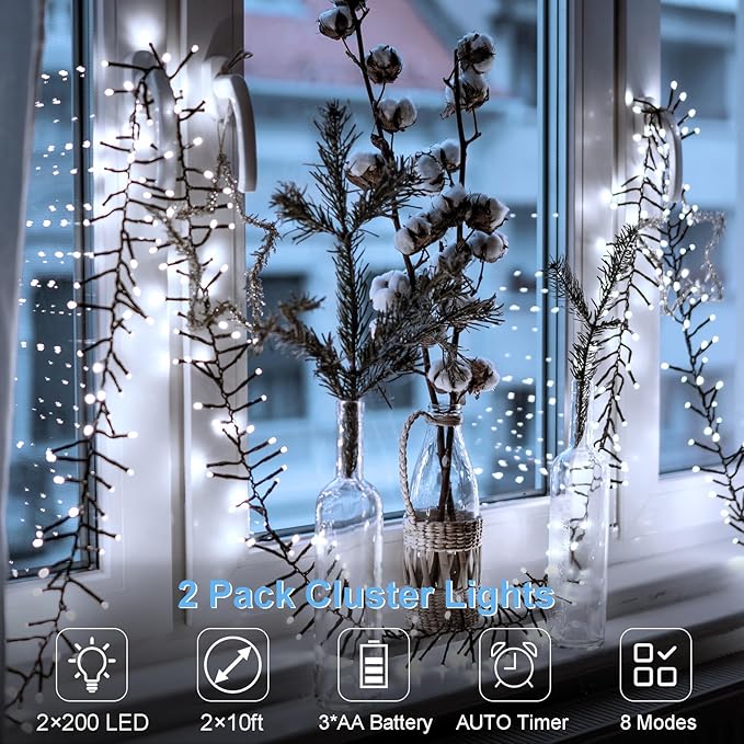 Battery Cluster String Lights 2 Pack Total 20Ft 400 LED String Lights with Timer 8 Modes Firecracker Christmas Lights Outdoor Waterproof for Tree Home Decor (Cool White)