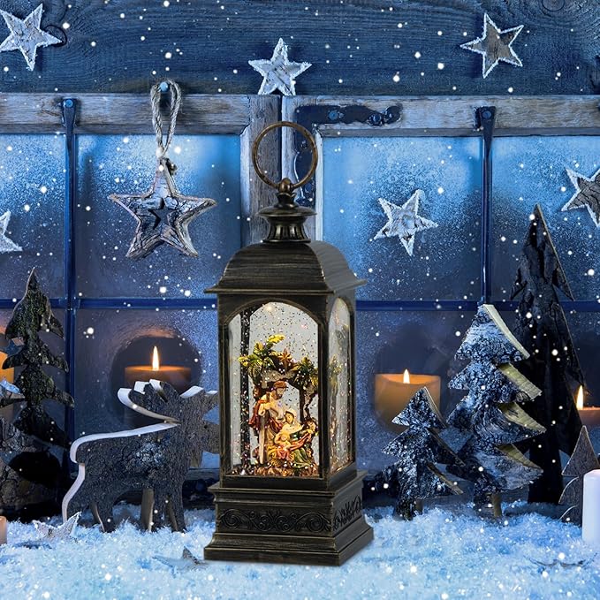 DRomance Nativity Music Snow Globe Lantern with Timer Battery Operated & USB Powered Lighted Singing Snow Globe Lamp Spinning Water Swirling Glitters Christmas Holiday Decor 3.7 x 3.7 x 11.4 Inches
