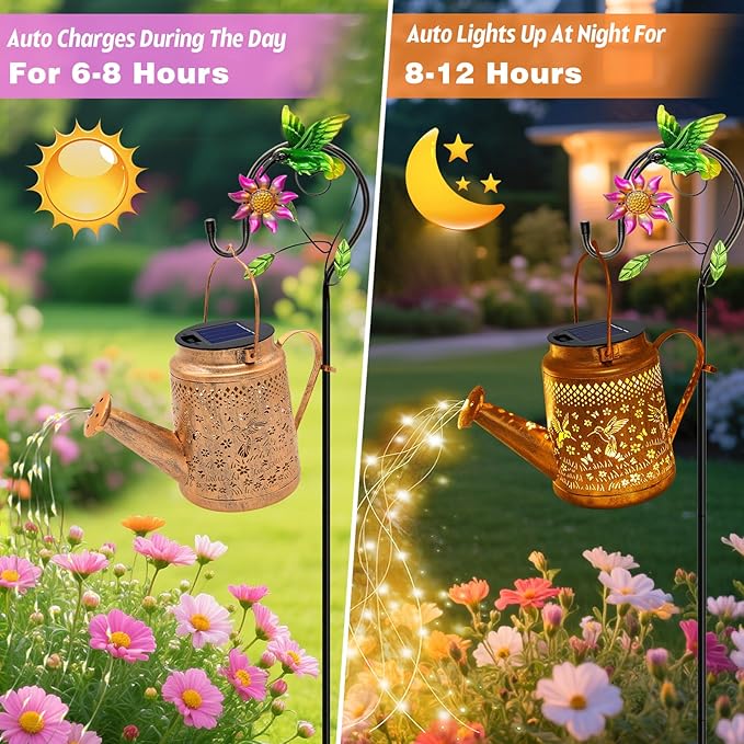 VOOKRY Solar Lights Outdoor Waterproof, Hummingbird Retro Metal Solar Watering Can Lights, Birthday Gifts for Women Mom Grandma, Hanging Lantern Decorative Garden Decor for Outside Yard Lawn Patio